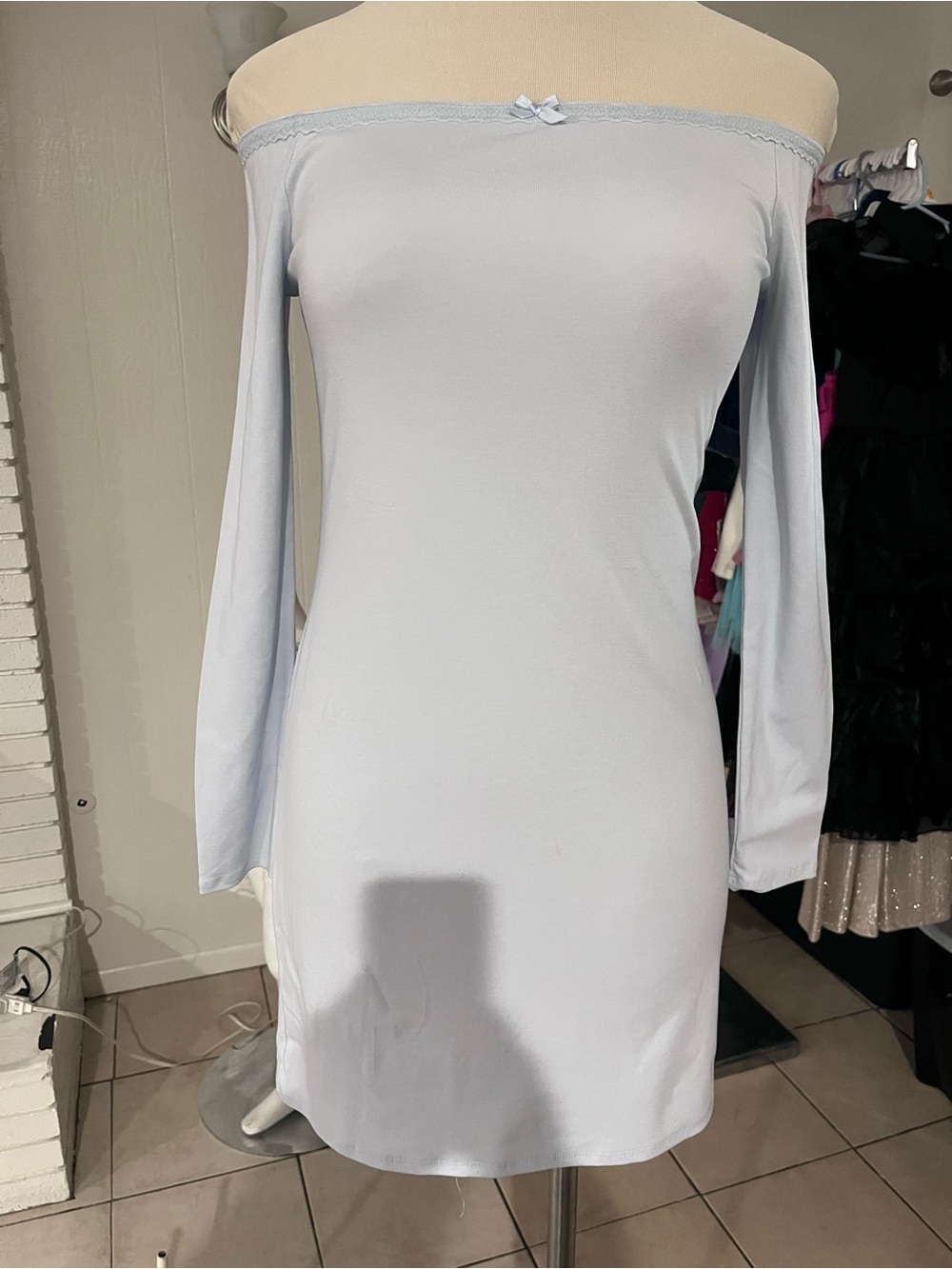 wild fable Off-the-Shoulder Light Blue Long Sleeve Dress